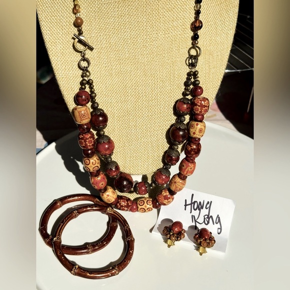 Vintage Boho HongKong Earrings and Necklace with 2 Bamboo Bangles - Picture 3 of 11